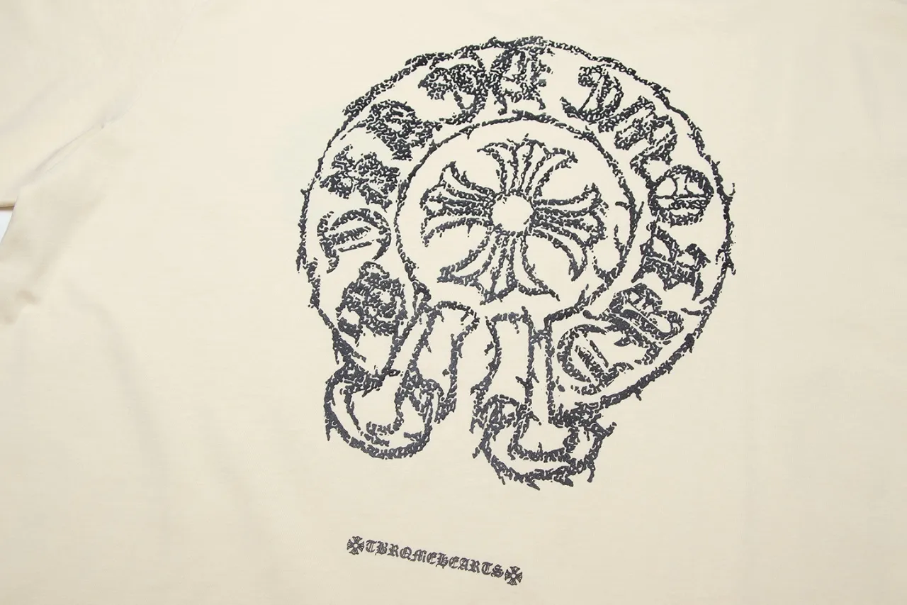 P150 Chrome Hearts Chrome Hearts Sanskrit Horseshoe Cross Short Sleeve Size: SMLXL Color: Black Apricot